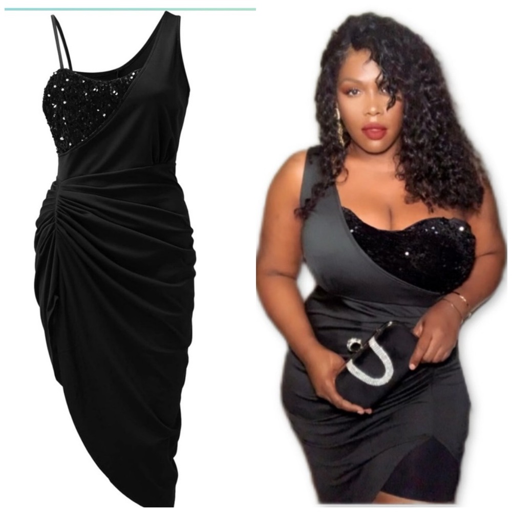 Black One Shoulder Sequin Body con High low Midi Dress